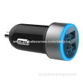 Colorful Dual USB In-car Charger, Fire-proofing Shell, CE/RoHS/FCC Certified, with Blue Light Ring